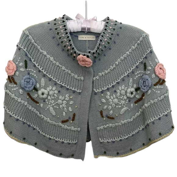 Lord & Taylor Sweaters - Vintage Lord and Taylor Wool Blend Knit Poncho Cape Shawl Capelet Cottage Granny